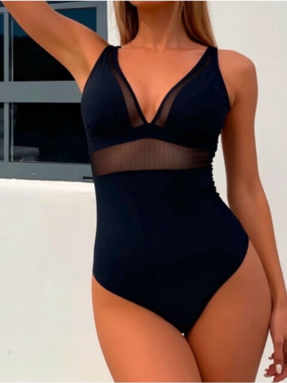 Classic Black One-Piece V Neck Swimwear with Mesh Inset L - Picture 2 of 10